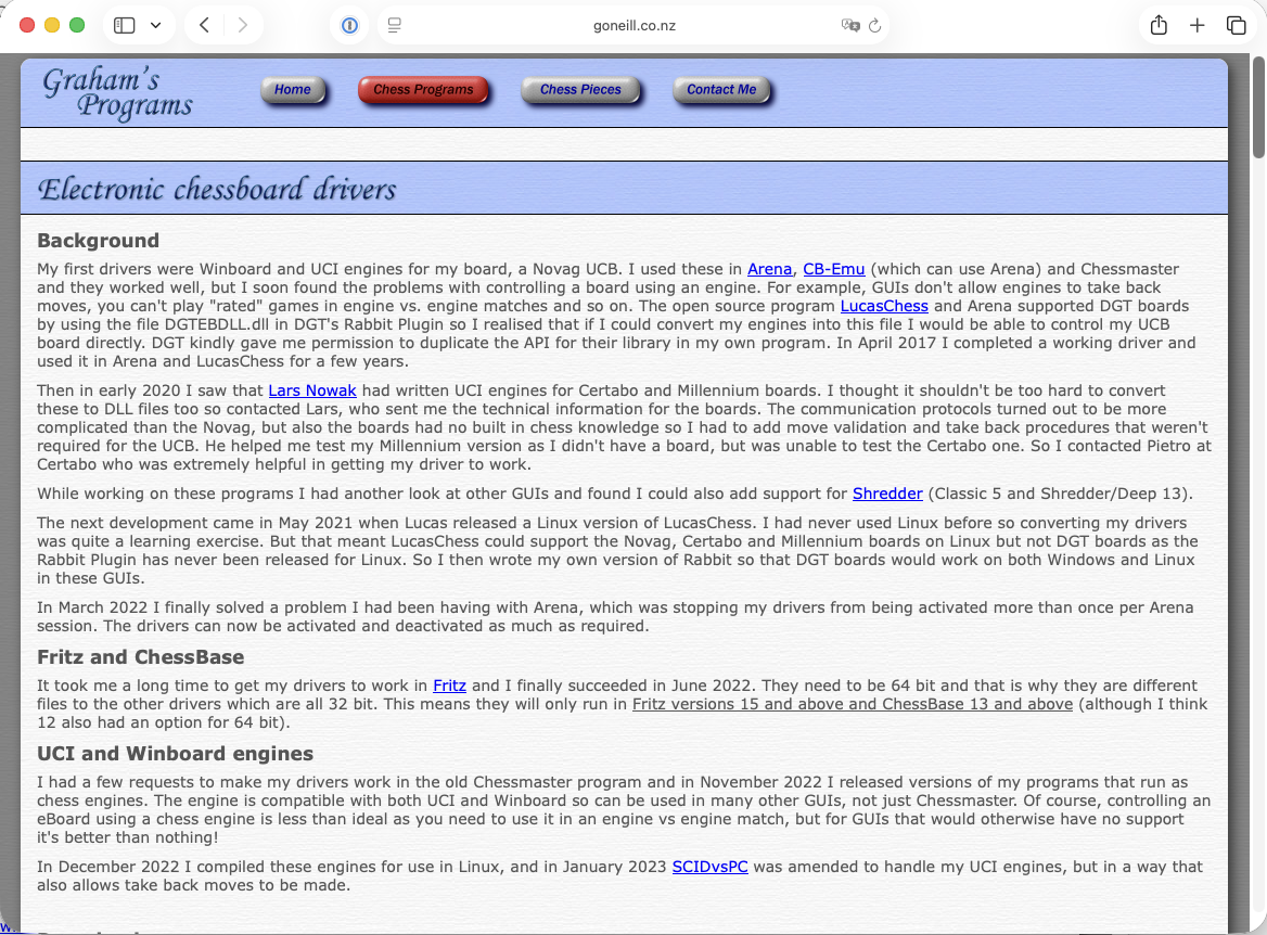 Graham's Programs electronic chessboard drivers webpage