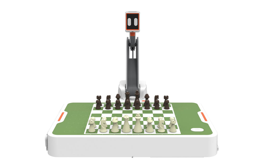 White Manya Cynus chess robot setup render with board and pieces