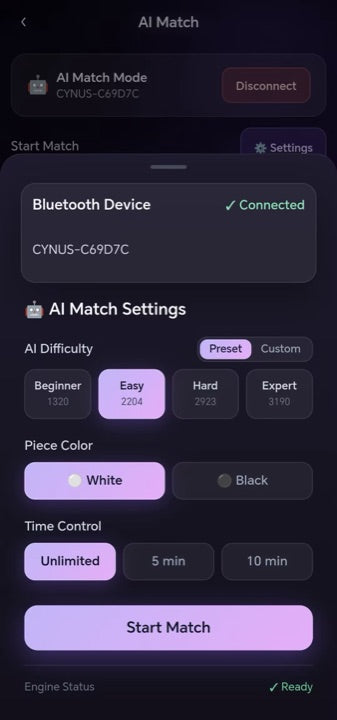 Cynus Chess app AI Match settings screen with Bluetooth connection status