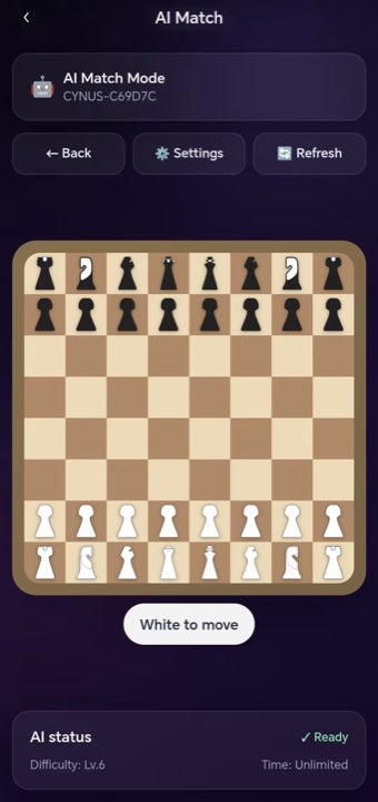 Cynus Chess app board screen showing AI match board and ready status